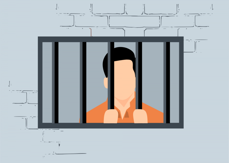 Das Bild zeigt ein Gitterfenster, dahinter ist ein Mensch mit kurzen Haaren und ohne Gesicht skizziert, der von innen die Gitterstäbe festhält und herausschaut